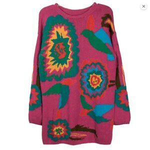 Vintage 80s Sweater Pink Hand Knit Colorful Gaudy Tropical Crew Long Sleeve